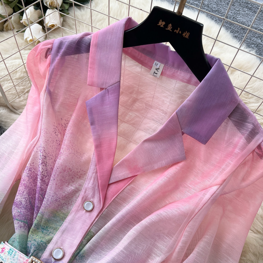 Women's French Romantic Gradient Print Dress Long Sleeve Single Breasted Button down Waist Tie Elegant Long Summer Dress_ecoleips.com