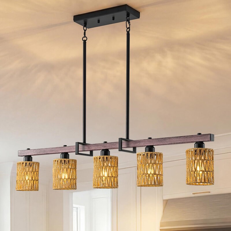 Cross-Border Supply of Hand-Woven Chandeliers with Wicker Lampshades and Ceiling Mounts Suitable for Kitchen Island and Dining Room Chandeliers