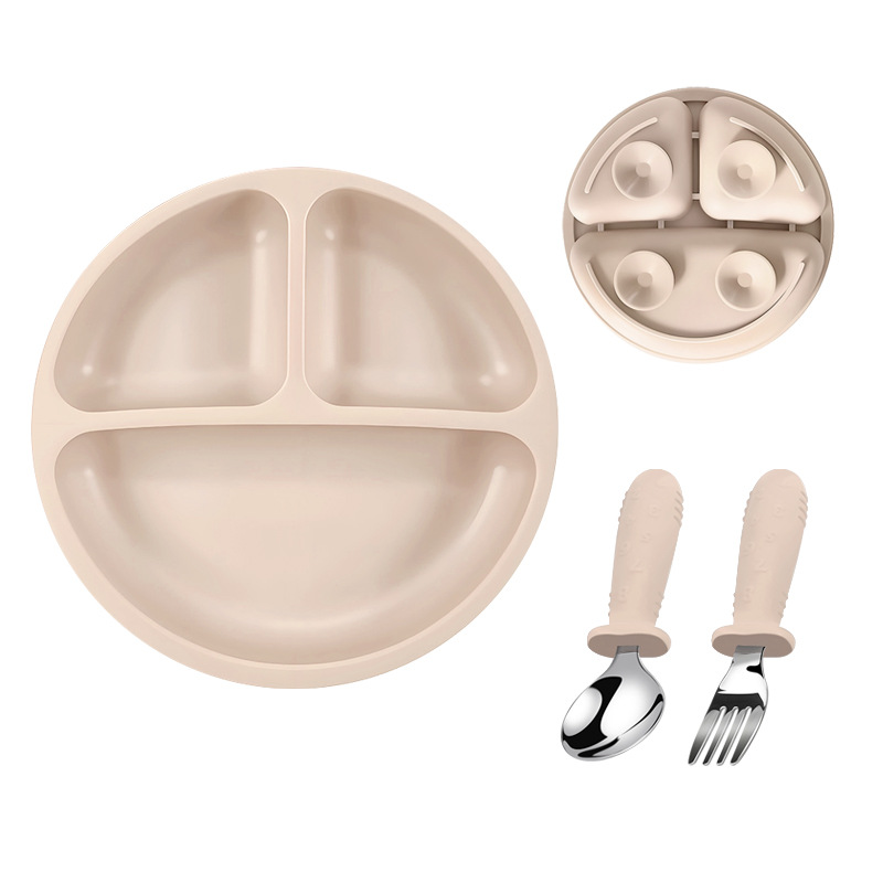 Placa de comedor de silicona para bebés 304 tenedor y cuchara de acero inoxidable, plato de ventosa, alimento complementario de tres compartidos para bebés de grado alimenticio resistente a altas temperaturas