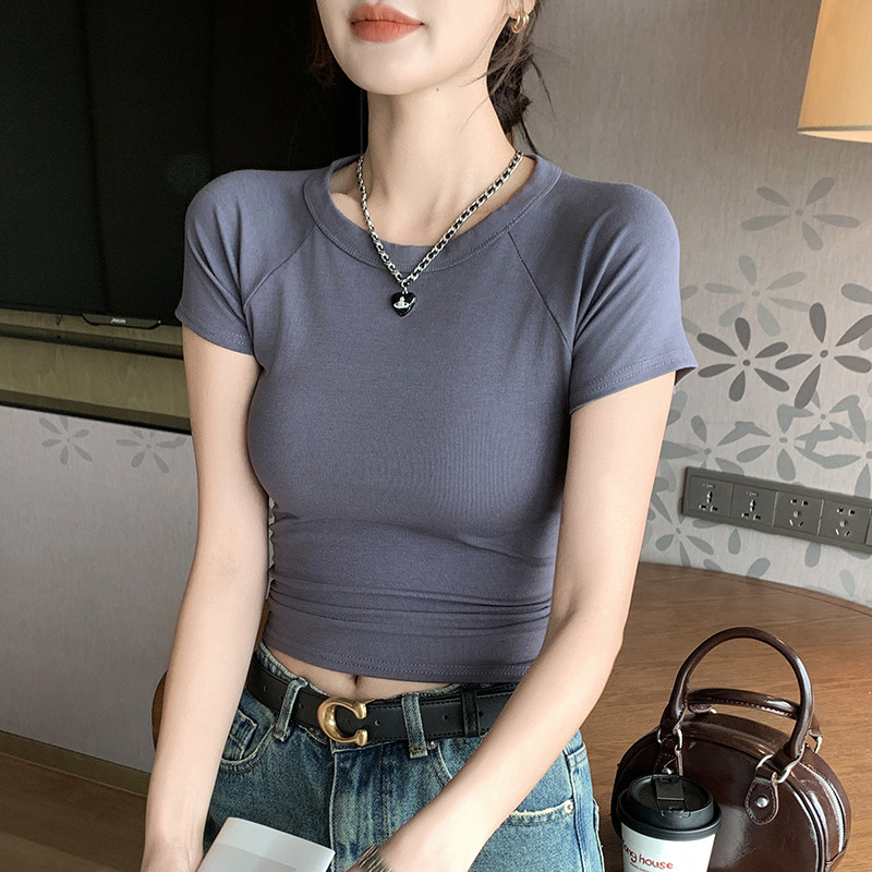 H105肩袖丸襟正肩半袖tシャツ女性夏ギャル紫デザイン感スリム着痩せ上着|undefined