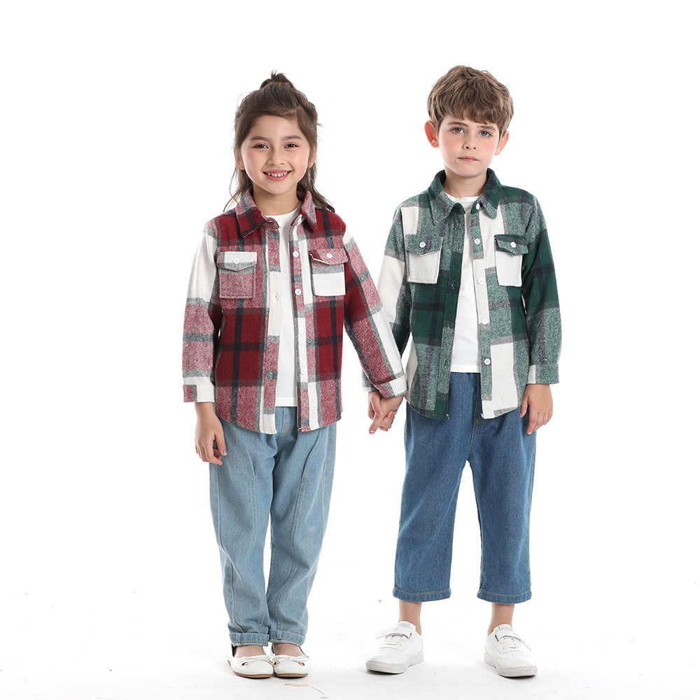 Camisa a cuadros para niños, rebeca de manga larga cepillada de un solo pecho con solapa para niños, chaqueta de moda coreana para bebés para hombres y mujeres