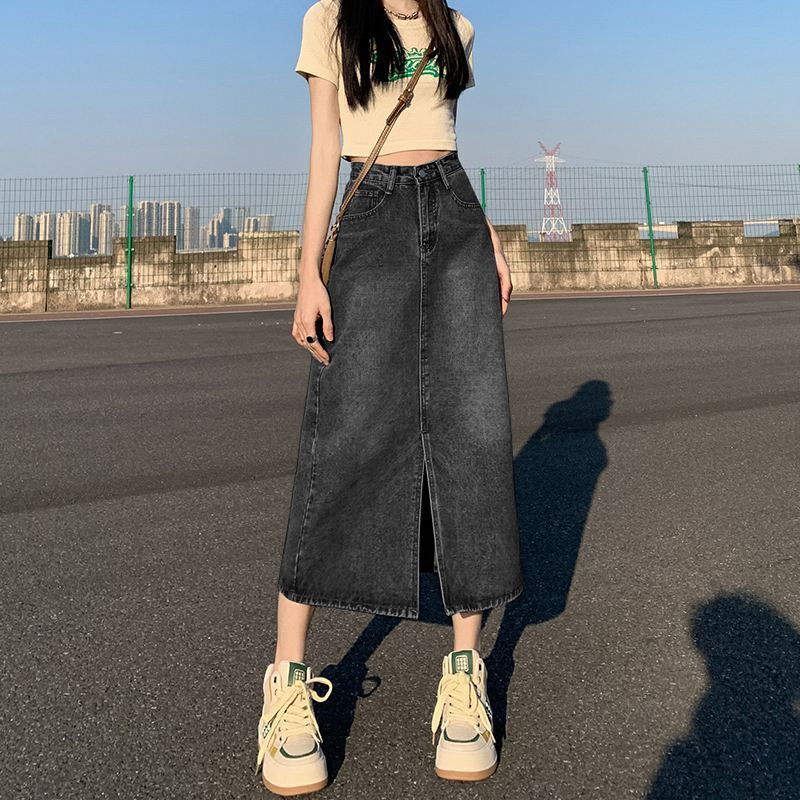 High-Waist Slit Denim Skirt for Women 2023 New Summer A-Line Skirt Hip-Covering Skirt Small Pear-Shaped Long Skirt