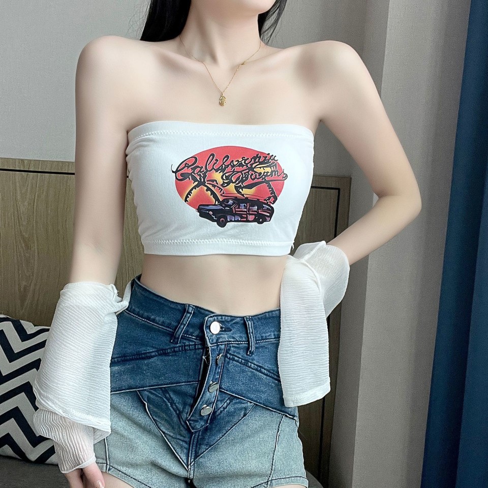 3-21 Sujetador de una sola palabra con estampado de moda de nuevo estilo sexy corto envuelto en el pecho sin tirantes top de tubo de todo fósforo