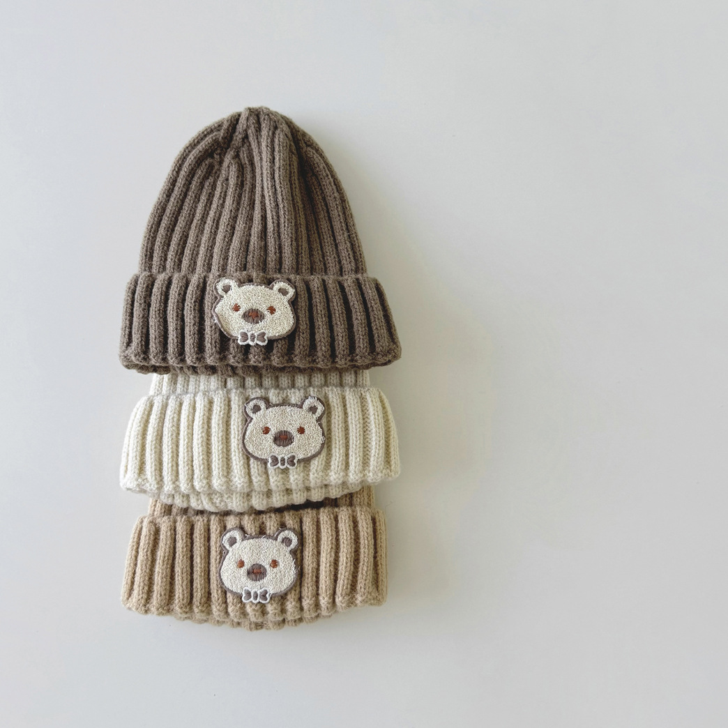 Gorro de bebé unisex Gorro de lana de punto para niños con cáscara de melón y oso lindo_voghion.com
