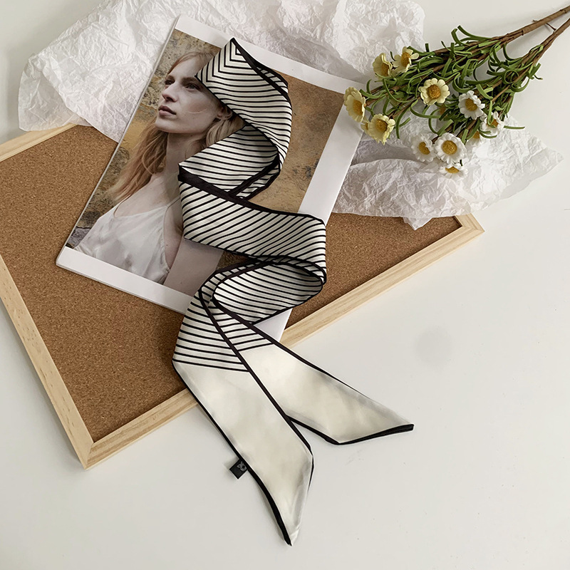 Pañuelo de seda a rayas en blanco y negro, banda larga, sentido de alta calidad, serpentín biselado de primavera y verano, bolso atado, pañuelo en la cabeza, cinturón para el cabello, cinturón para la cintura