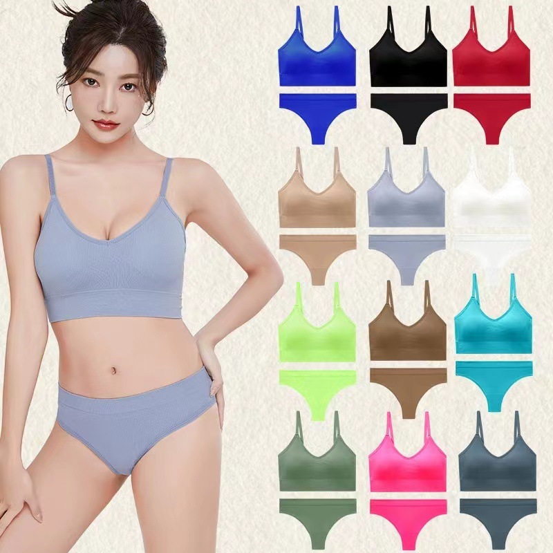 크로스보더 빅 U 뷰티 백 스포츠 브라 T자형 팬티 세트 섹시한 심리스 스레드 조절 벨트 뷰티 백 여성 프렌치 속옷