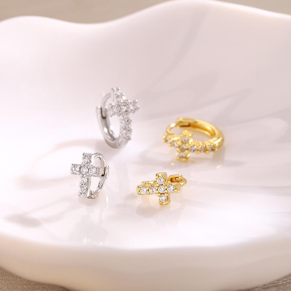 Sparkling Diamond Cross Hoop Earrings Unisex Geometric Jewellery_voghion.com