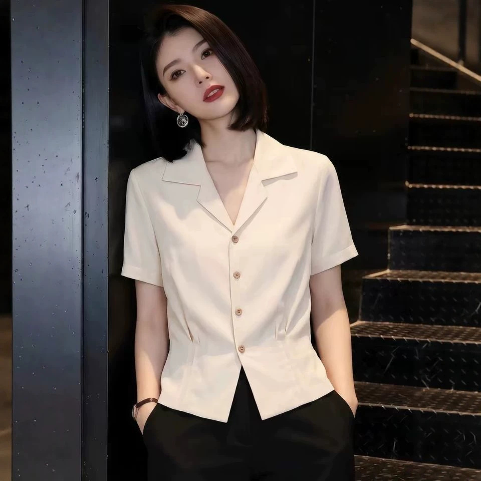 Áo sơ mi nữ cổ vest thắt eo tay ngắn kiểu mới — màu trắng ngà chi tiết 2