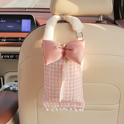 Car Tissue Box, Small Fragrance Car Seat Back Hanging Tissue Box, Car Multifunctional Tissue Box, Car Interior Decoration (Car tissue box/set) - pink-pearl-bow-tissue-box