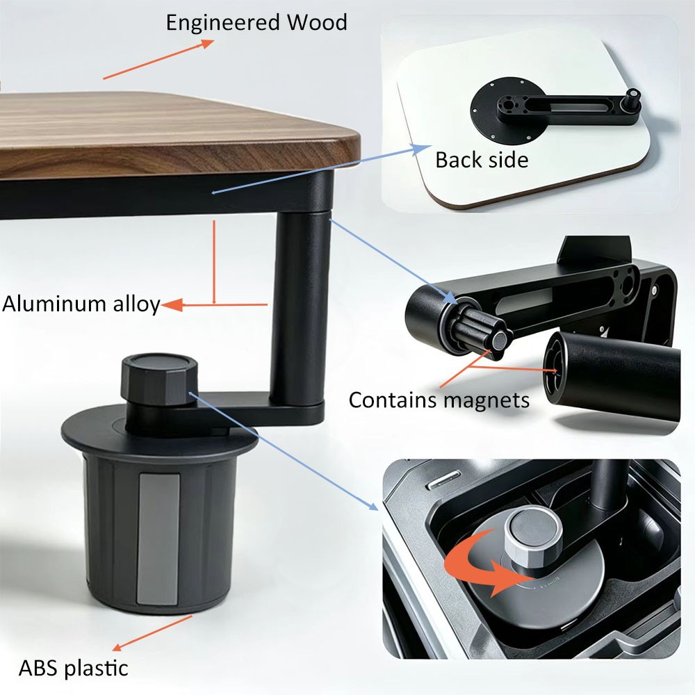 New wooden in-car floating tray with aluminum alloy base, ideal for Tesla and other universal cars, cup holder tray