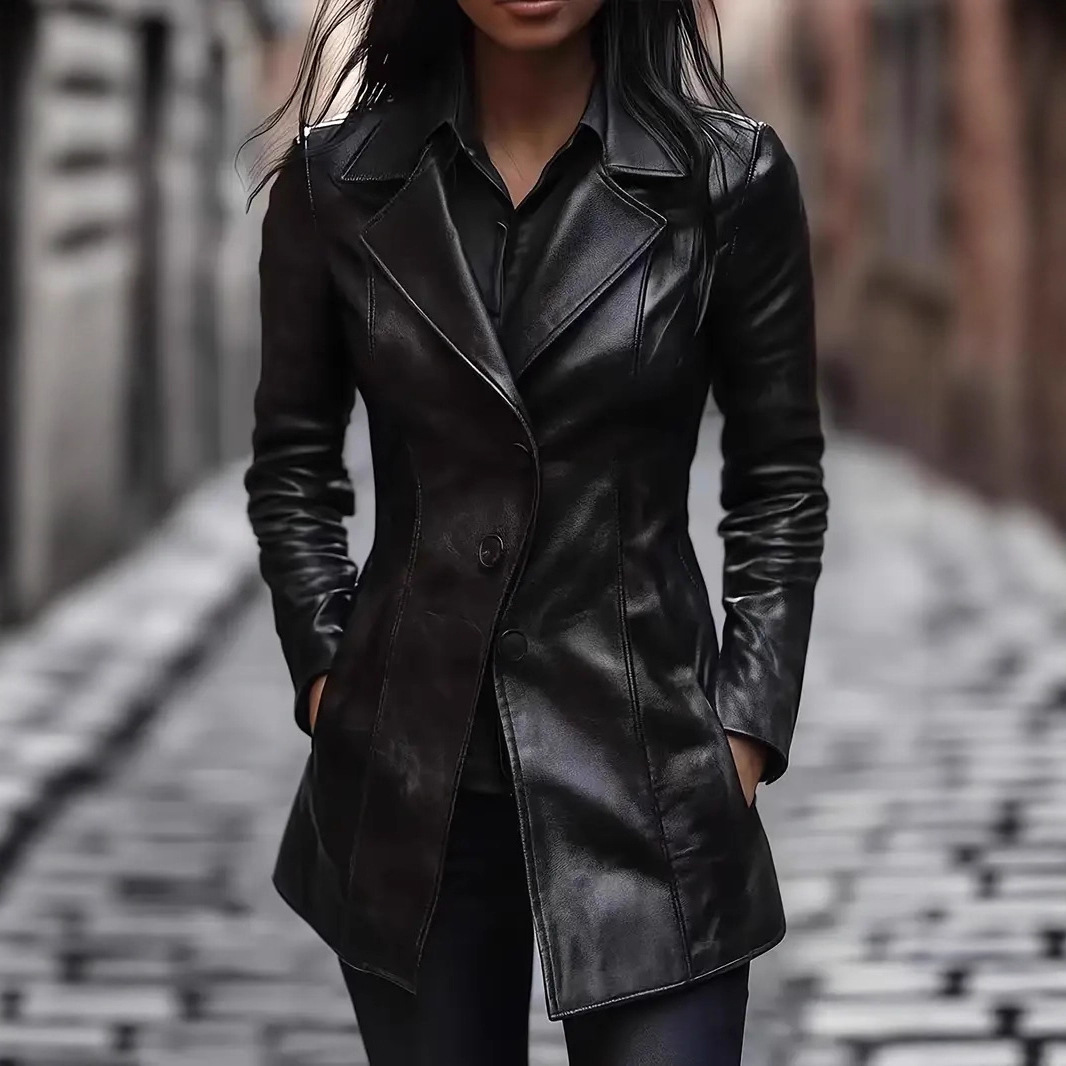 亚马逊跨境欧美女装PU皮衣女中长款皮衣外套修身风衣仿真皮翻领