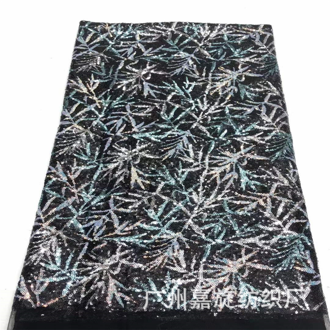 Tela de encaje con lentejuelas de hojas de bambú con estampado completo, en stock, para vestidos europeos y americanos, fiestas, moda de pasarela y ribetes de encaje.