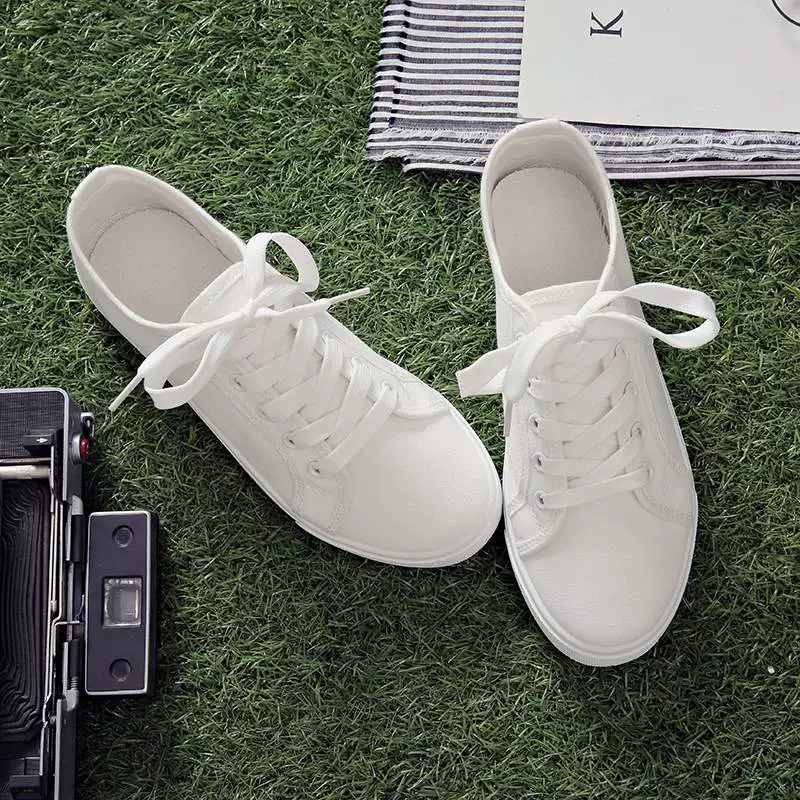 Женские художественные парусиновые туфли, на плоской подошве на шнуровке, свежий стиль, корейская версия, универсальные повседневные белые туфли, студенческая женская обувь.