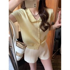 黄色冰丝娃娃领短袖针织开衫女夏季小个子飞飞袖翻领t恤短款上衣
