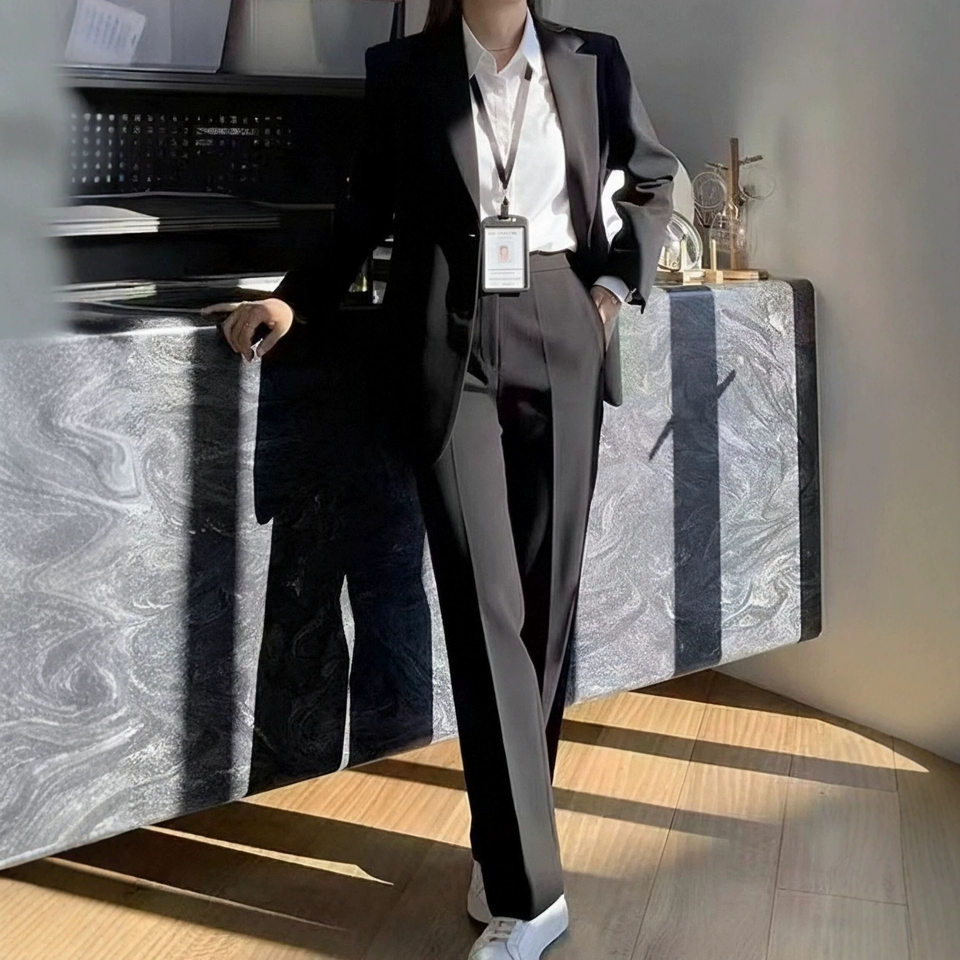 Bộ vest nữ công sở áo khoác vest đen dài tay kèm quần tây ống đứng — Quần tây ống đứng một chiếc, chiều dài quần khoảng 97cm, Áo khoác vest đơn chiếc, Áo khoác vest đơn + Quần tây ống đứng màu đen tuyền