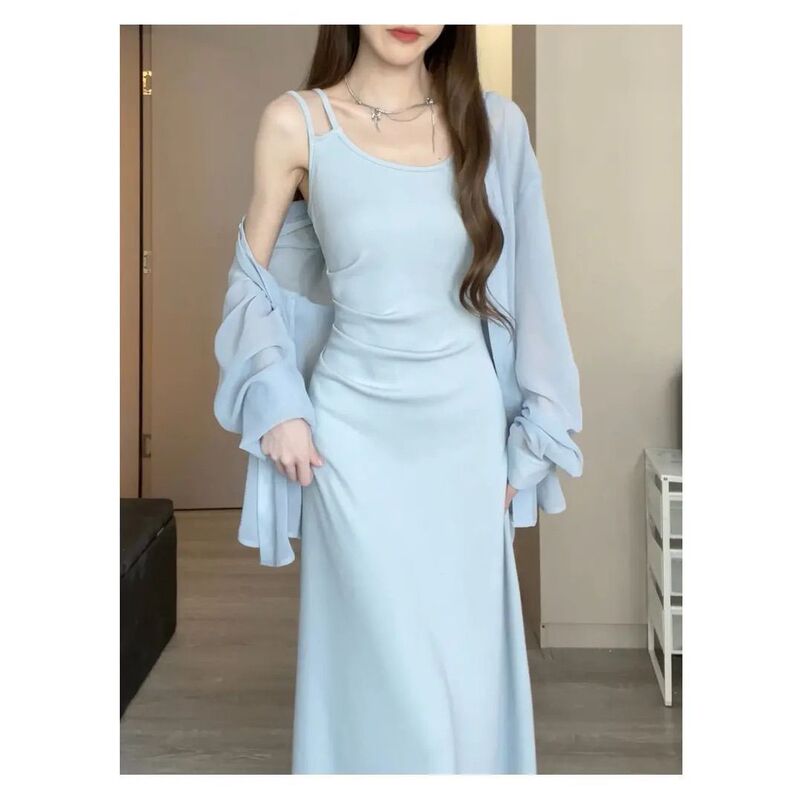 Matsumoto San-San Blue Slim-Fit Knit Spaghetti Strap Dress with Elastic Waist for a Slimming Effect + Slightly Sheer Sun-Protective Shirt