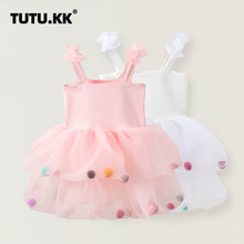 【跨境】亚马逊夏季童装女童毛球吊带裙儿童公主裙蝴蝶结连衣裙