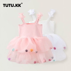 跨境亞馬遜夏季童裝女童毛球吊帶裙兒童公主裙蝴蝶結連衣裙沙灘裙