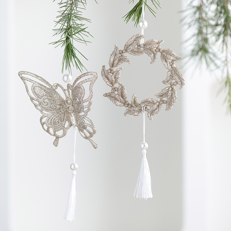 Nuevos productos transfronterizos de madera decoraciones de árboles de Navidad polvo brillante hueco flocos de nieve amor colgante mariposa colgante de Navidad