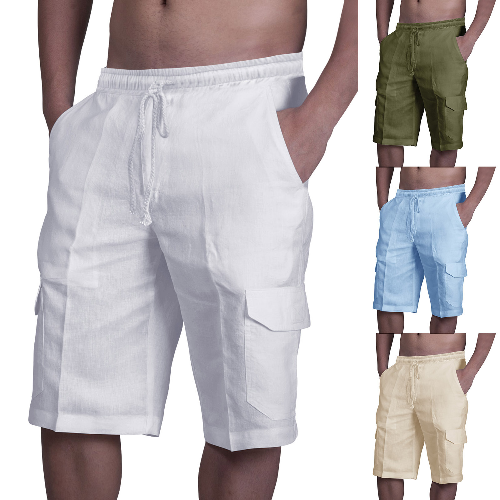Aliexpress European and American Cross-Border Amazon Independent Station New Linen Shorts Multi-Pocket Tethered Men's Beach Workwear