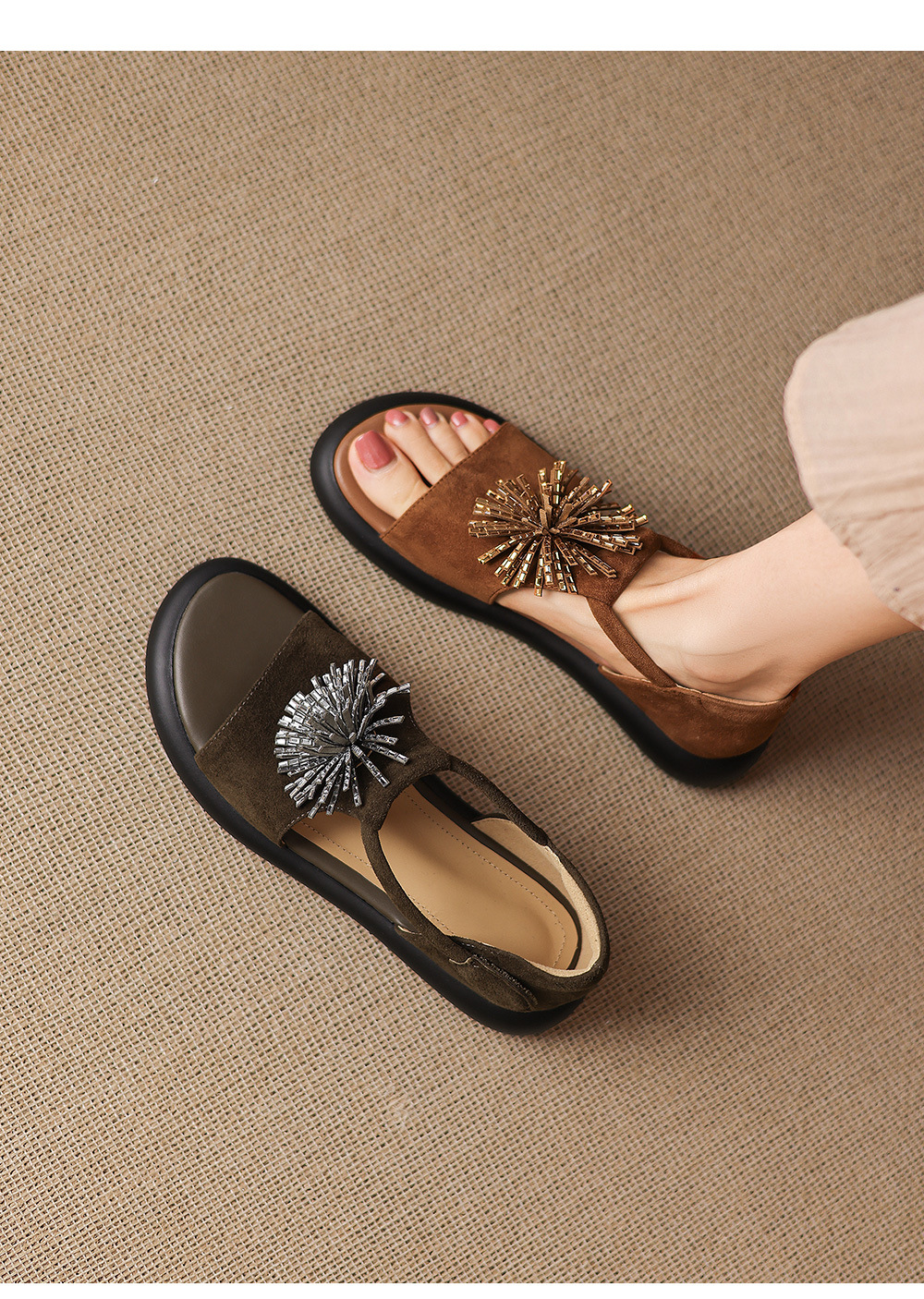 Sandal hở mũi nữ đế dày da cừu đính đá pháo hoa — màu xanh đậm chi tiết 6