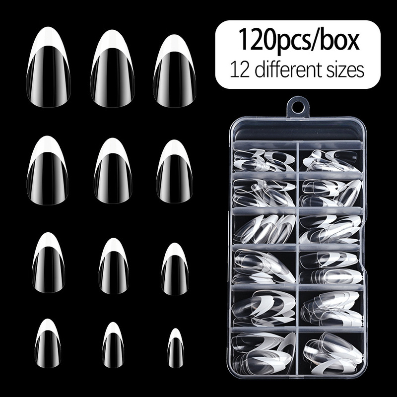 Cross-Border 120 Pieces of Transparent Manicure French White Edge Almond Fingernails Removable High-End Wearable Nails Wholesale