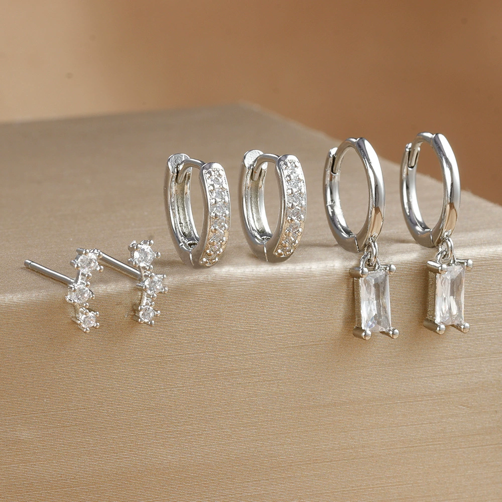 Rectangular earrings, fashionable trend set with zircon, Amazon, 14 carat, micro incrustation, ear protection