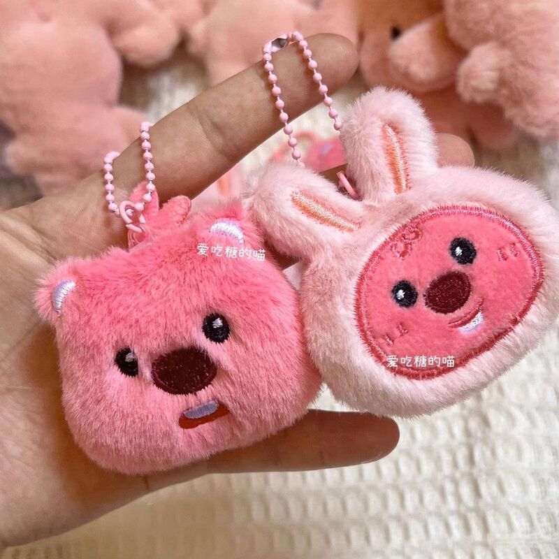 Cute Fluffy Ruby Pendant Bunny Ears Beaver Backpack Keychain Pink Plush Toy Bag Charm Doll