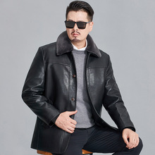 冬中年男士可拆卸内胆皮衣夹克扣子外套绵羊皮大衣真毛领加绒加厚