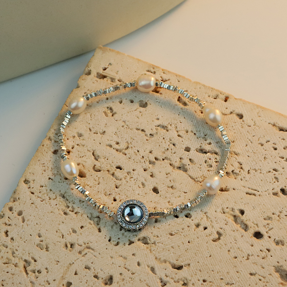 S925 pulsera de plata triturada, anafila natural, perla de agua dulce, pulsera de estrellas para mujeres, explosión de transmisión en vivo.