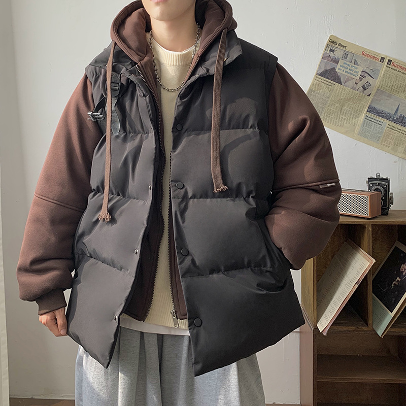 2026 Winter New Style Faux Two-Piece Down Cotton Men's Thickened INS Style Cotton-padded Jacket Loose Hooded Bread Jacket for Teenagers