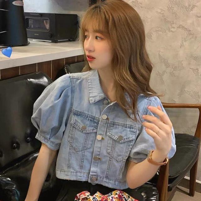 Summer New Style Denim Short-Sleeved Women's Retro Design Korean Style Loose Puff-Sleeved Jacket Thin Top Jacket Trendy Summer New Style Denim Short-Sleeved Women's Retro Design Korean Style Loose Puff-Sleeved Jacket Thin Top Jacket Trendy