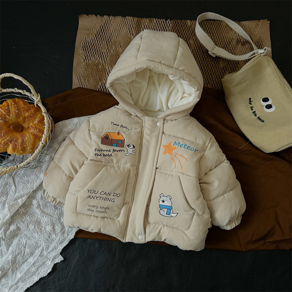 Ropa para niños coreanos dibujos animados de invierno ropa de salida cómoda y cálida ropa de algodón con capucha para niños