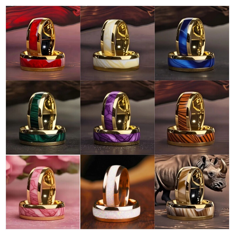 Cross-Border Hot-Selling Popular 8mm Stainless Steel Ring with Gold Base and Inlaid Patterns, Popular in Europe and America, Men's Ring Wholesale