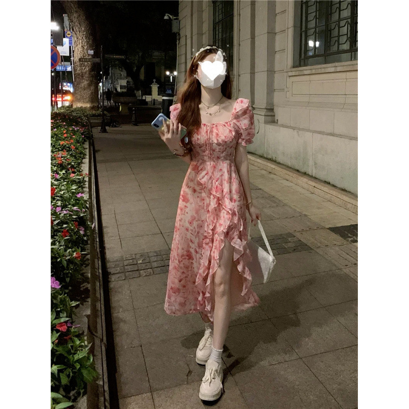 花柄スクエアネックスリット雰囲気ドレス女性のための 2025 春の新しいウエスト痩身半袖気質ロングスカート|undefined