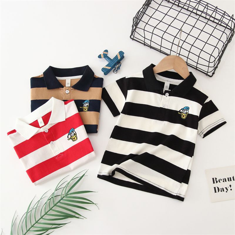 T077-Embroidered Duck Striped Polo Shirt, Simple and Fashionable, Comfortable and Versatile, Summer Style