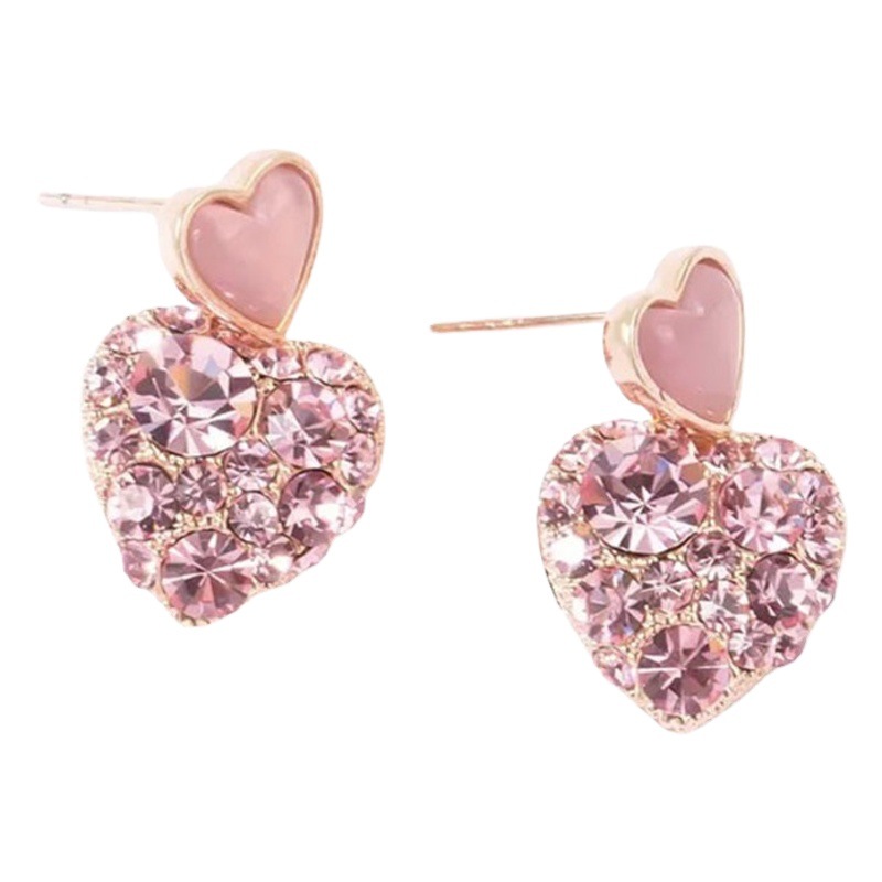 S925 aguja de plata exquisito diamante completo Rosa melocotón corazón encantador aretes 2023 nueva moda dulce temperamento pendientes