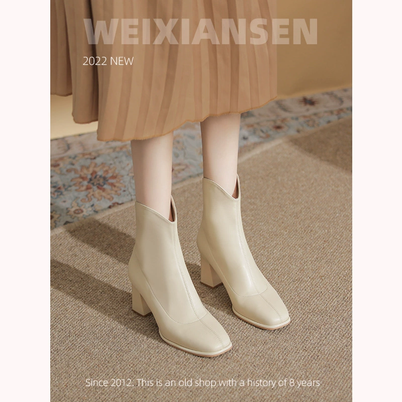 Дикие кожаные белые короткие сапоги дети толстые каблуки тонкие V рот короткие сапоги квадратная голова 7 см высокие каблуки тонкие сапоги женские