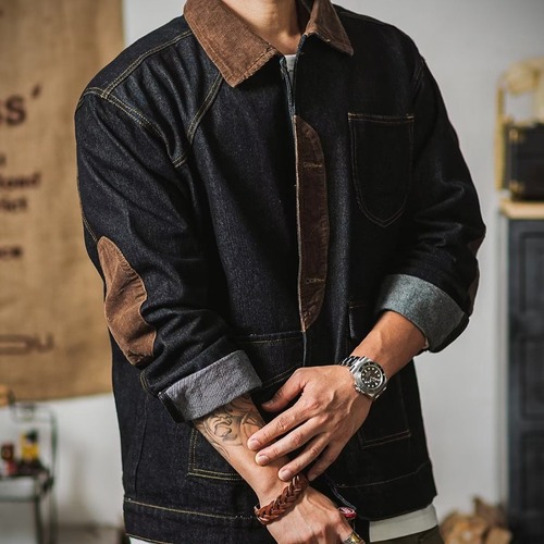 American Retro Heavy Workmanship Multi-Pocket Denim Jacket Color-Collage Irregular Splicing Japanese Style Men's Fashion Top