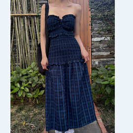 韩国东大门正品代购直邮2025年夏季新款复古格纹开衩连衣裙长裙女