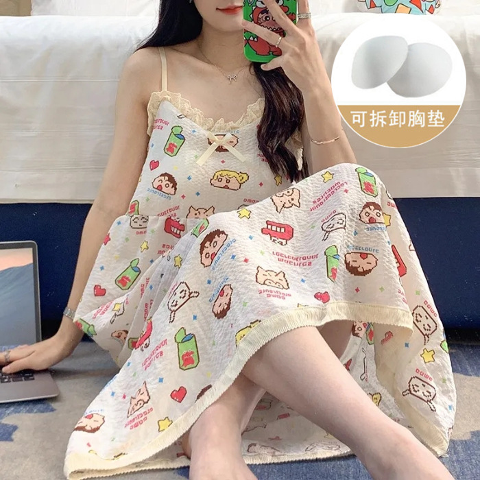 Pijama de verano de mujer dulce colgante cojín de pecho de algodón tejido sexy burbuja tela arrugada bordilla pijama de mujer lindo vestido