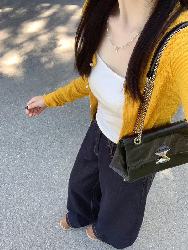 韩系氛围感穿搭黄色圆领长袖开衫女秋装修身显瘦别致针织外套上衣|undefined