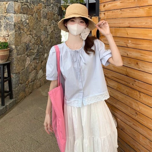 Korean-style fresh and clean patchwork fringe tie blouse women 2025 summer new hide fat slimming fashionable blouse top women
