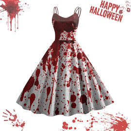 女士万圣节印花休闲吊带复古连衣裙 万圣节吊带大摆裙