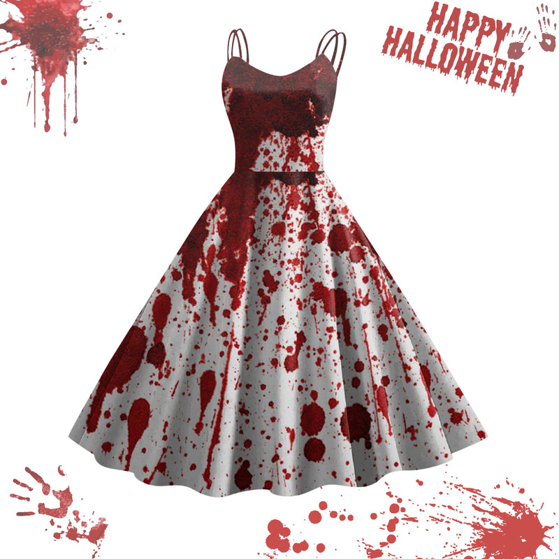 Women's Halloween Printed Casual Spaghetti Strap Vintage Dress Halloween Spaghetti Strap Flared Dress