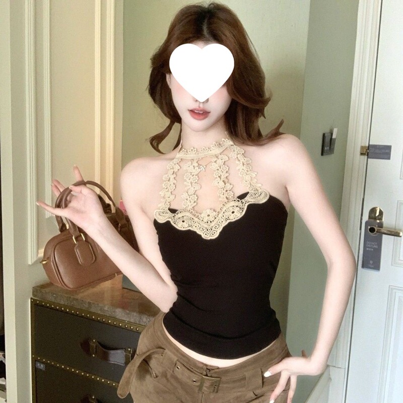 Sweet and Spicy Lace Halter Neck Design with a Pure and Alluring Cutout Tie, Chest Pads, Waist-Cinching, Slimming Effect, Can Be Worn as an Inner Layer or Outerwear Sweet and Spicy Lace Halter Neck Design with a Pure and Alluring Cutout Tie, Chest Pads, Waist-Cinching, Slimming Effect, Can Be Worn as an Inner Layer or Outerwear