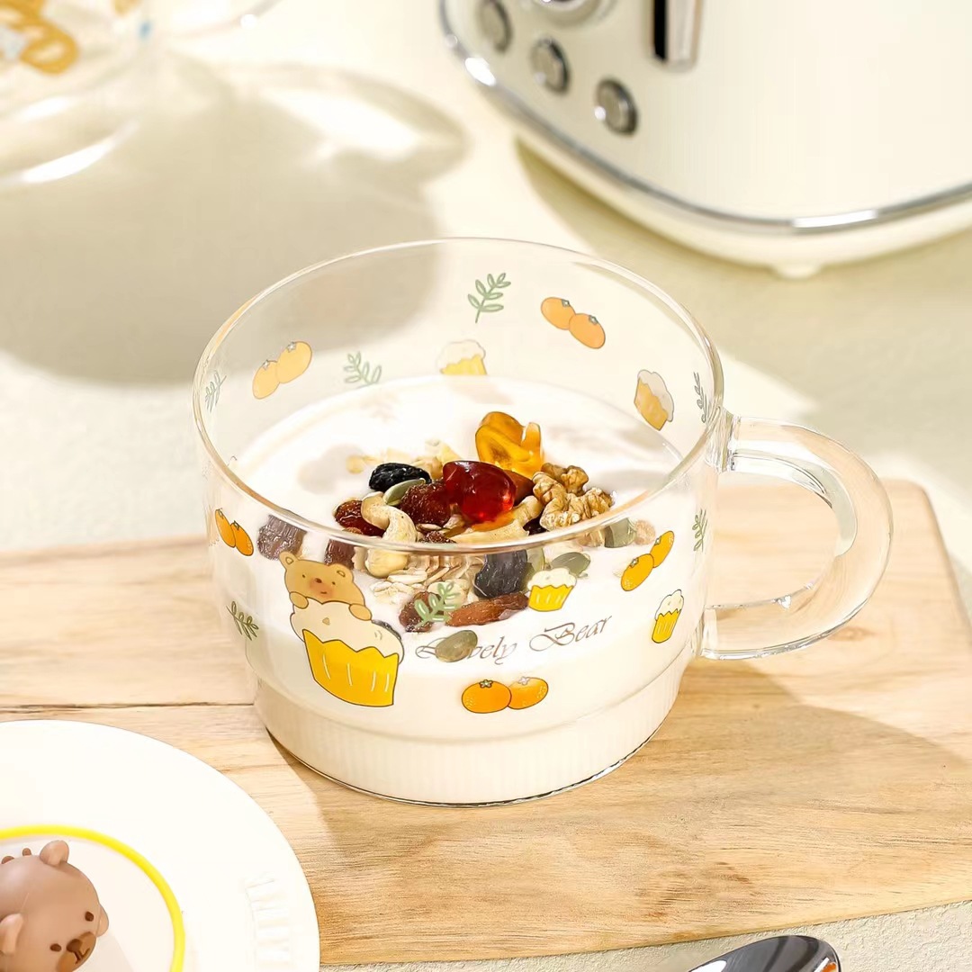 Creativo lindo pan oso de dibujos animados de vidrio de gran capacidad taza de agua de vidrio con tapa taza de desayuno taza de regalo personalizada