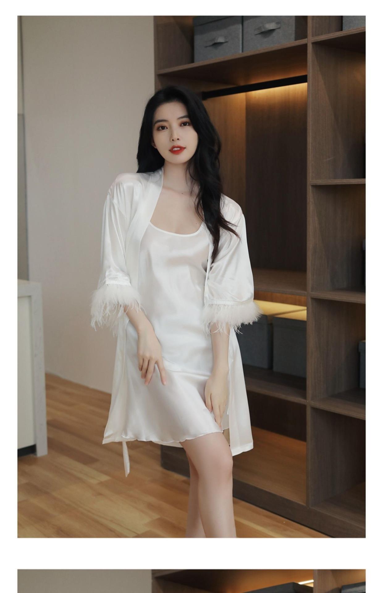 春秋羽毛新娘晨袍法式婚礼高级独特结婚睡袍女冰丝伴娘睡衣-阿里巴巴