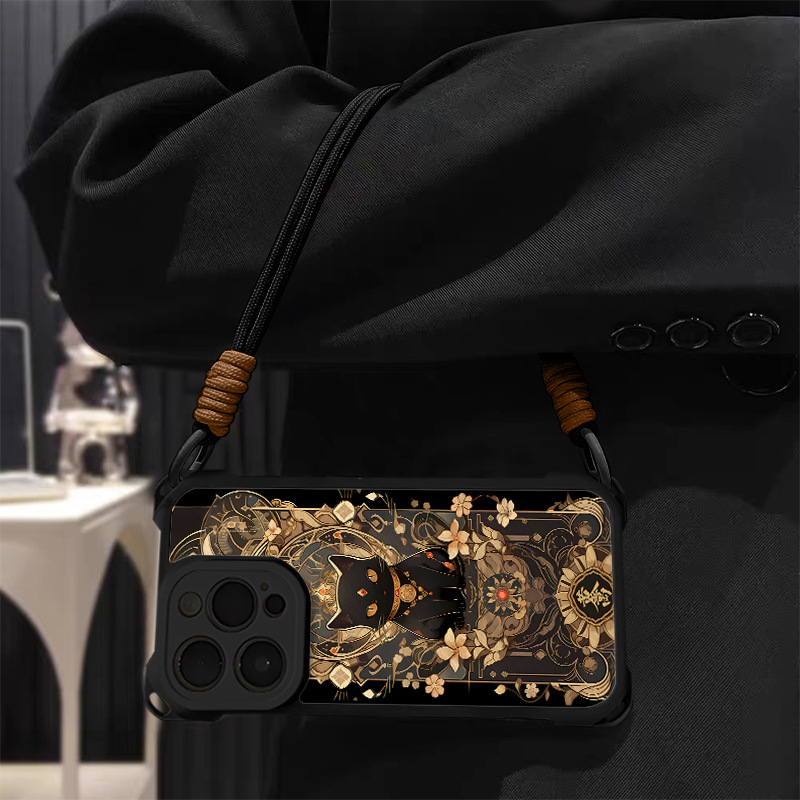 Black Cat Phone Case For Iphone 15 Pro Max With Lanyard_voghion.com