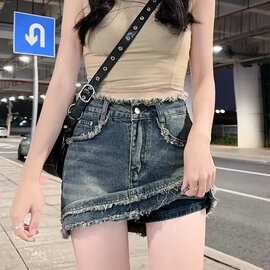 设计感字母刺绣牛仔短裙女春夏高腰显瘦防走光A字裙包臀裙半身裙